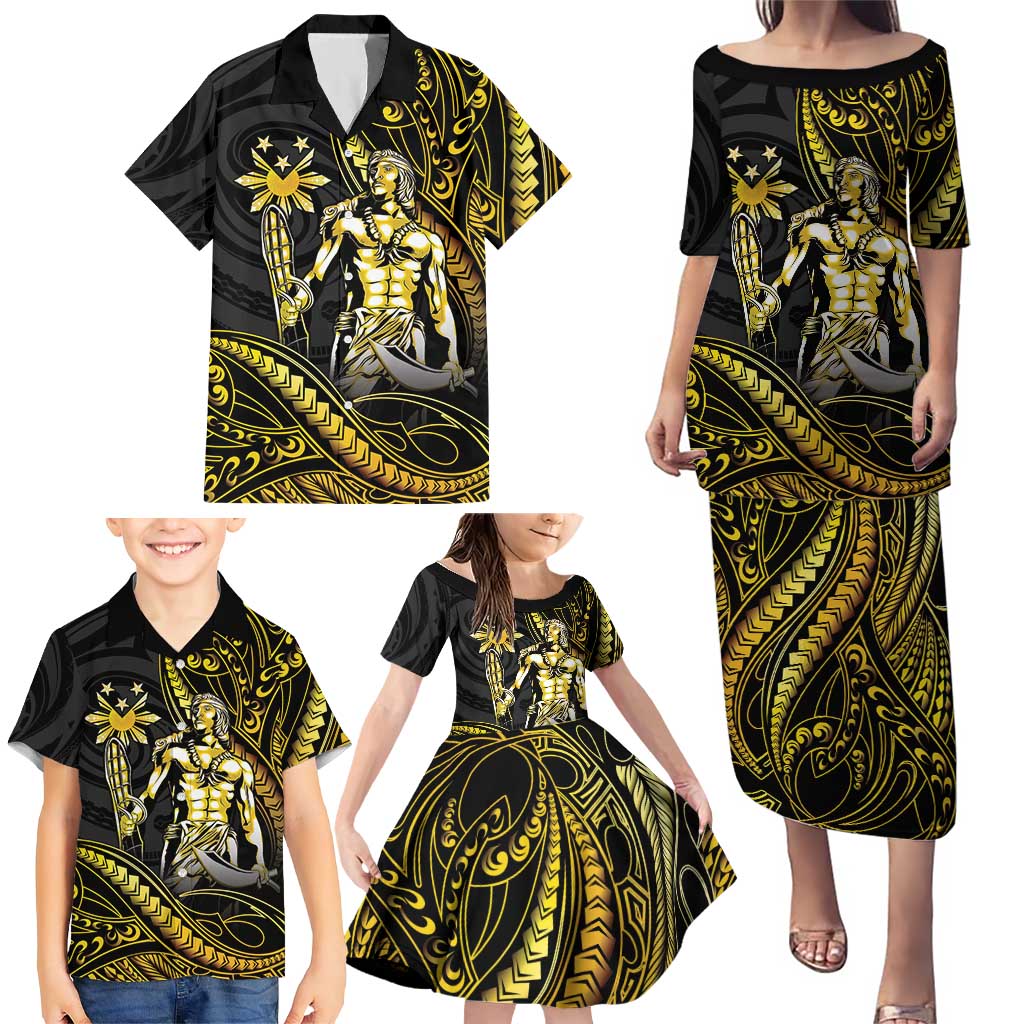 Filipinos Lapu Lapu Hero Family Matching Puletasi and Hawaiian Shirt Gold Polynesian Tribal Tattoo LT05 - Polynesian Pride