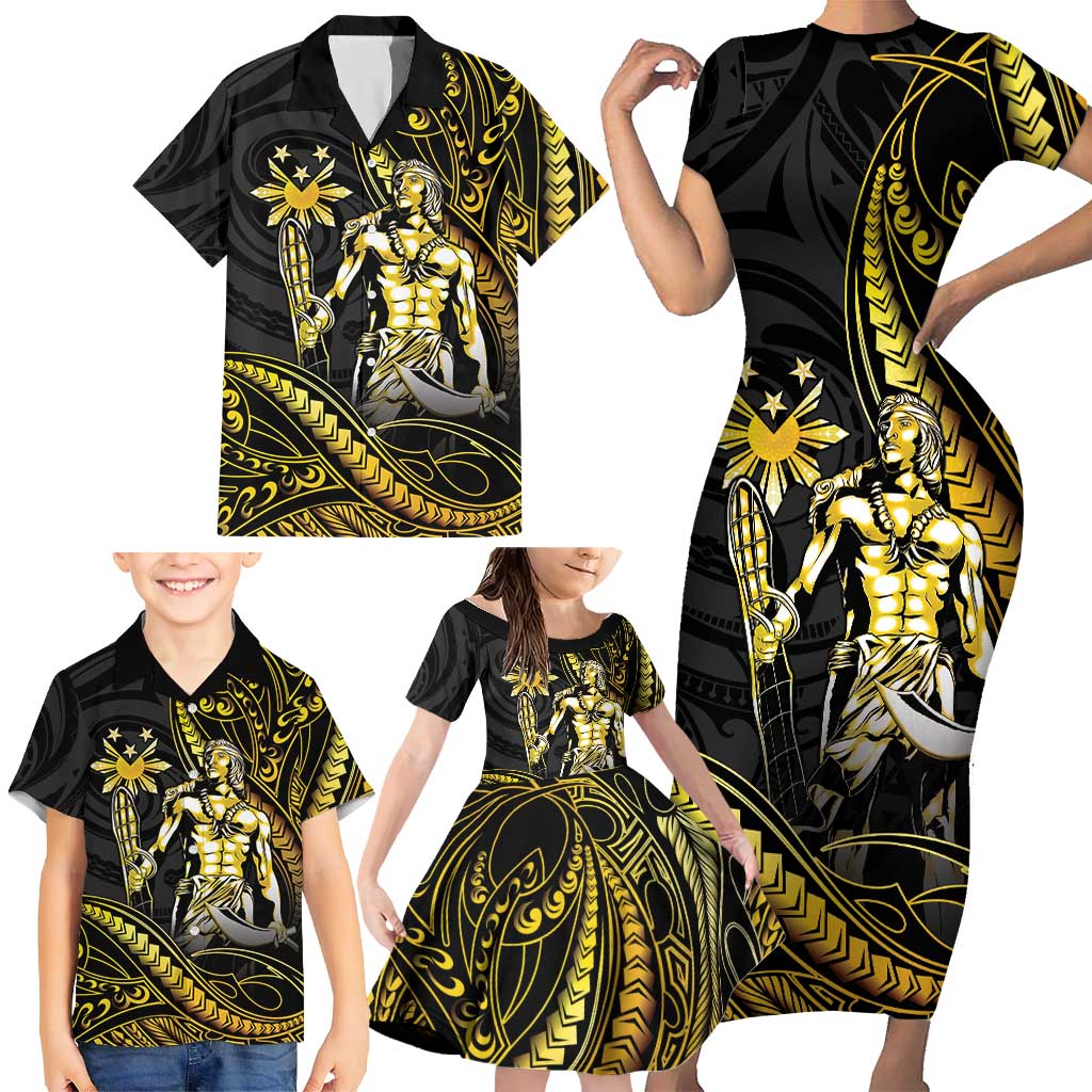 Filipinos Lapu Lapu Hero Family Matching Short Sleeve Bodycon Dress and Hawaiian Shirt Gold Polynesian Tribal Tattoo LT05 - Polynesian Pride