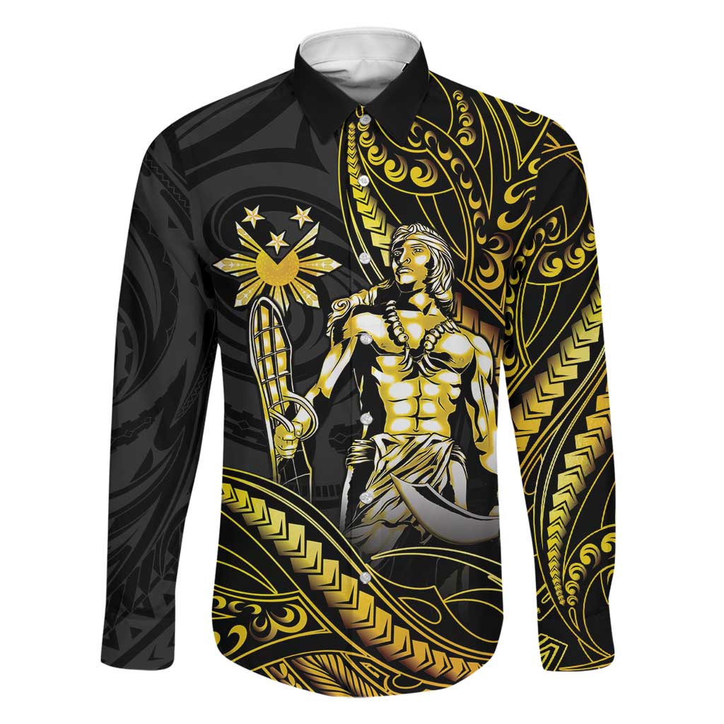 Filipinos Lapu Lapu Hero Family Matching Summer Maxi Dress and Hawaiian Shirt Gold Polynesian Tribal Tattoo LT05 Dad's Shirt - Long Sleeve Gold - Polynesian Pride