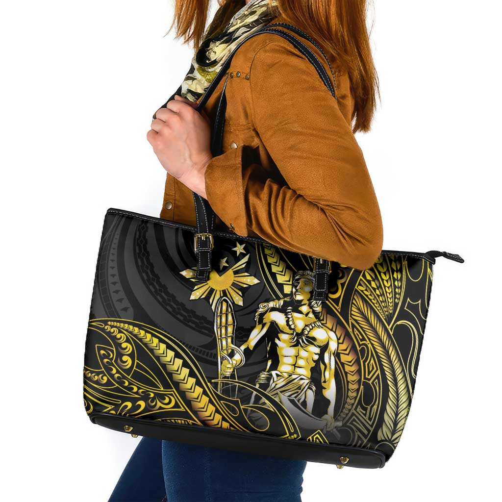 Filipinos Lapu Lapu Hero Leather Tote Bag Gold Polynesian Tribal Tattoo