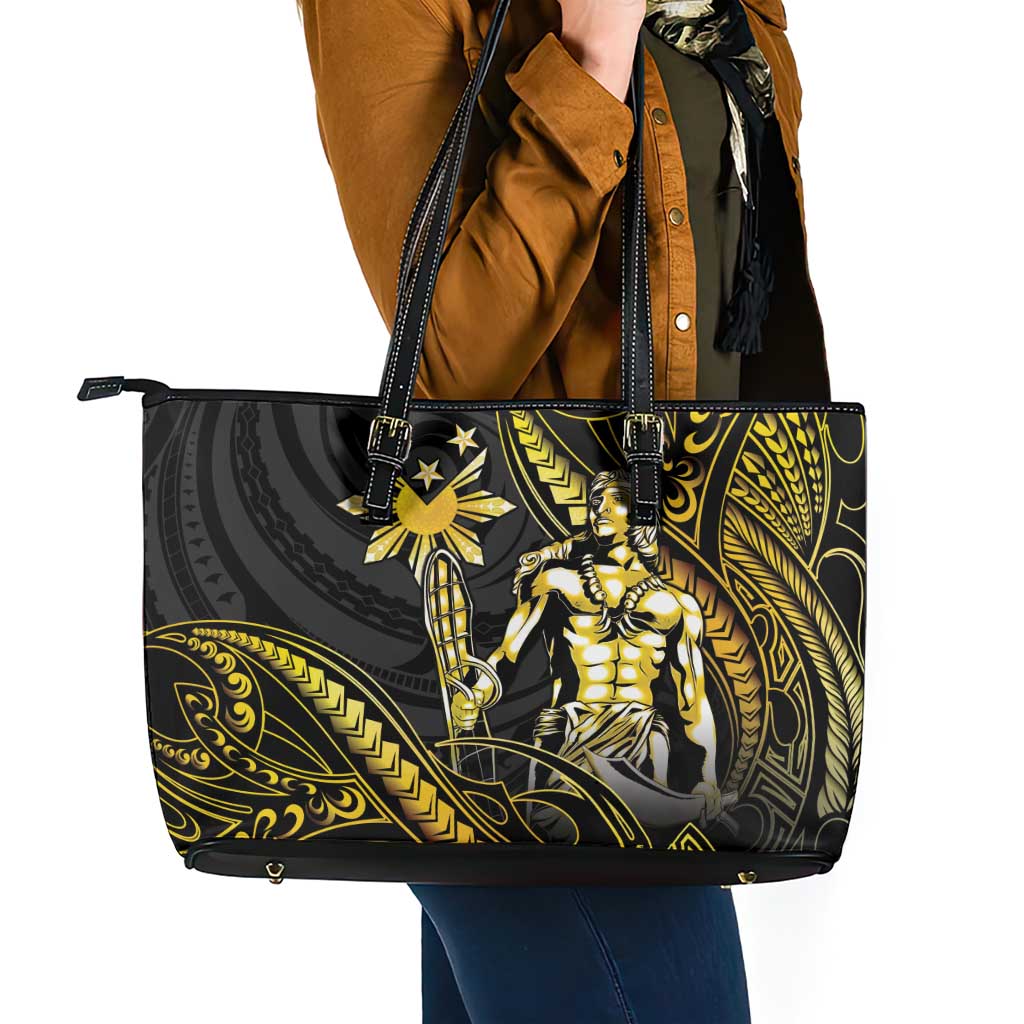 Filipinos Lapu Lapu Hero Leather Tote Bag Gold Polynesian Tribal Tattoo
