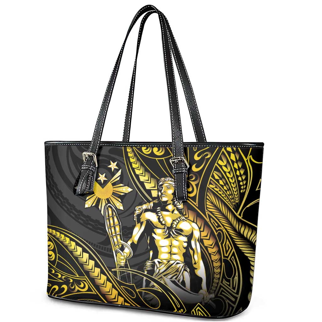 Filipinos Lapu Lapu Hero Leather Tote Bag Gold Polynesian Tribal Tattoo