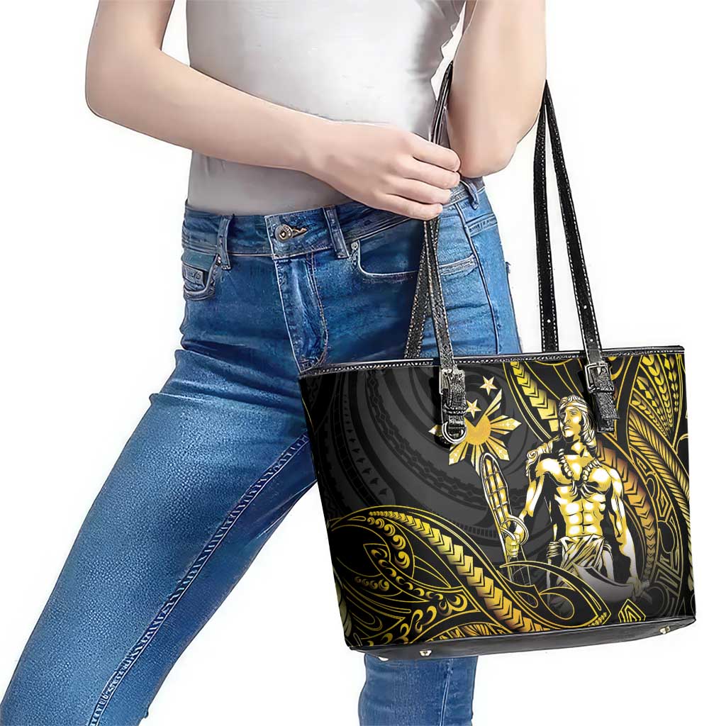 Filipinos Lapu Lapu Hero Leather Tote Bag Gold Polynesian Tribal Tattoo