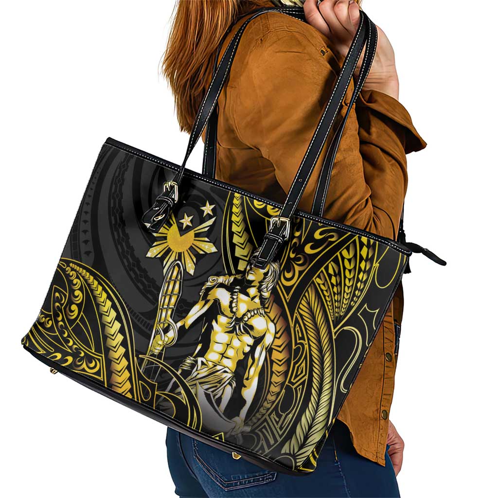 Filipinos Lapu Lapu Hero Leather Tote Bag Gold Polynesian Tribal Tattoo