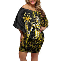 Filipinos Lapu Lapu Hero Off Shoulder Short Dress Gold Polynesian Tribal Tattoo LT05 Women Gold - Polynesian Pride