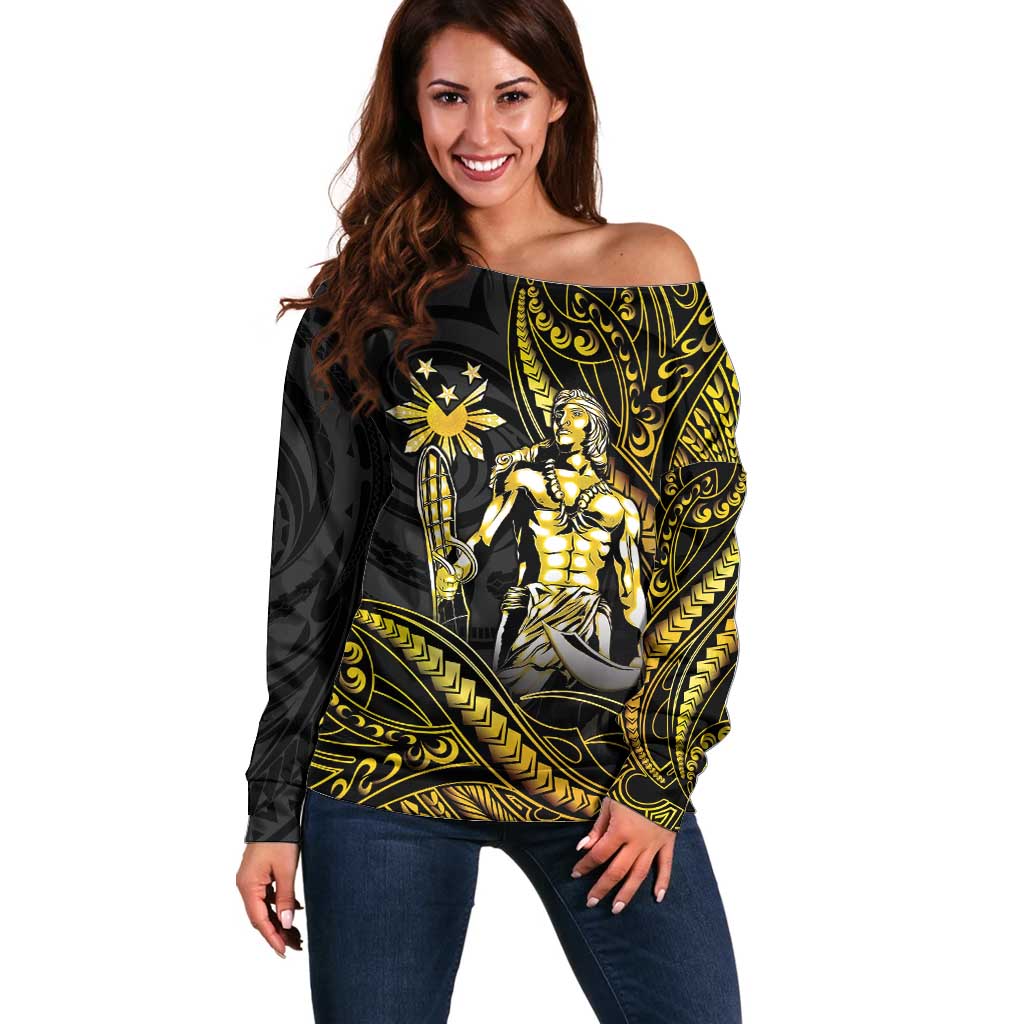 Filipinos Lapu Lapu Hero Off Shoulder Sweater Gold Polynesian Tribal Tattoo
