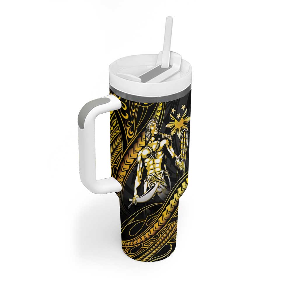 Filipinos Lapu Lapu Hero Tumbler With Handle Gold Polynesian Tribal Tattoo