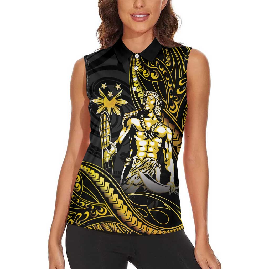 Filipinos Lapu Lapu Hero Women Sleeveless Polo Shirt Gold Polynesian Tribal Tattoo LT05 - Polynesian Pride