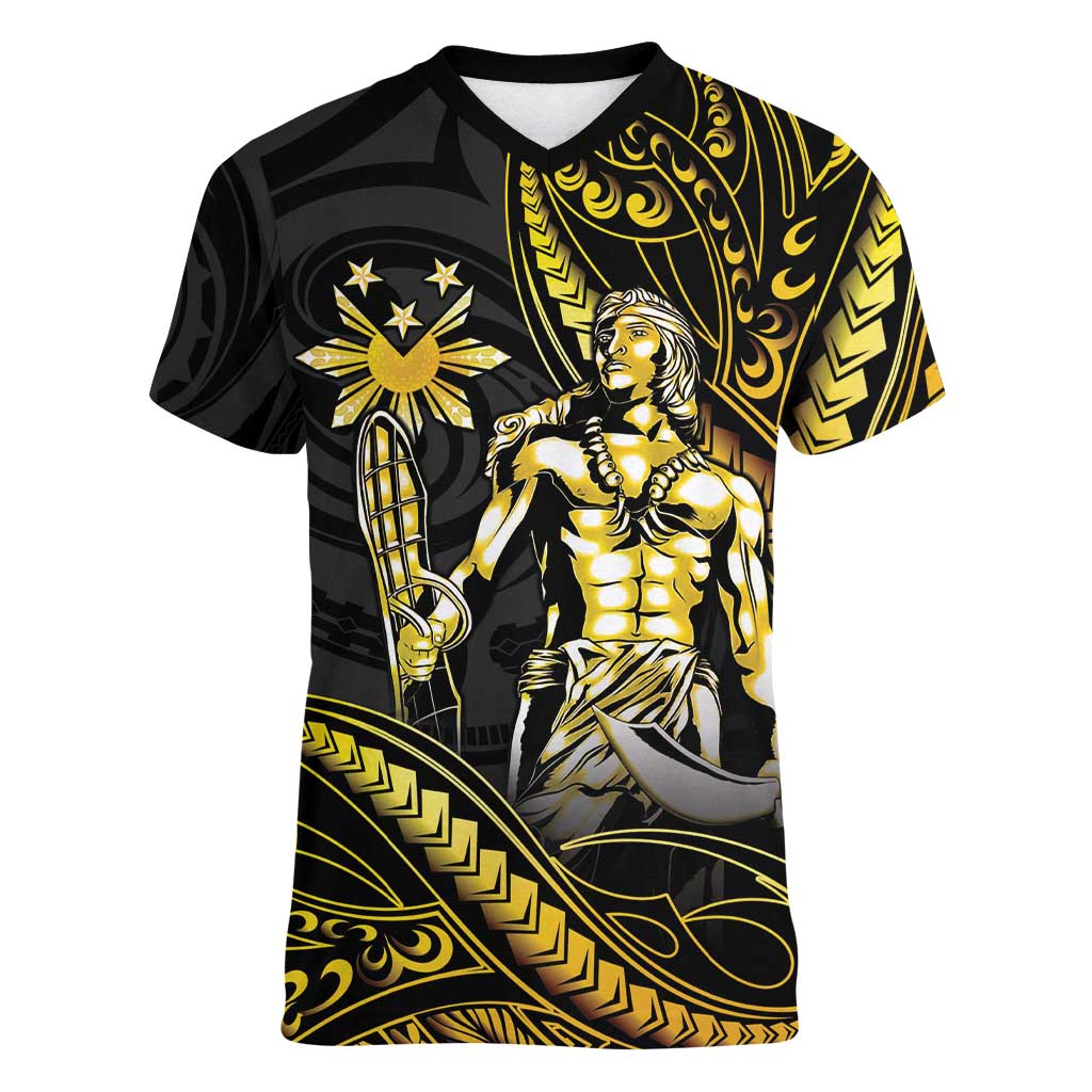 Filipinos Lapu Lapu Hero Women V-Neck T-Shirt Gold Polynesian Tribal Tattoo