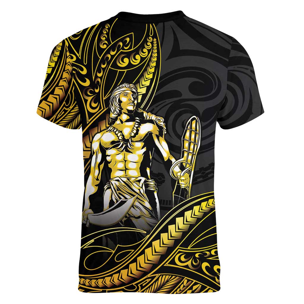 Filipinos Lapu Lapu Hero Women V-Neck T-Shirt Gold Polynesian Tribal Tattoo LT05 - Polynesian Pride
