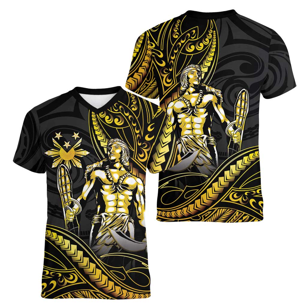 Filipinos Lapu Lapu Hero Women V-Neck T-Shirt Gold Polynesian Tribal Tattoo LT05 - Polynesian Pride