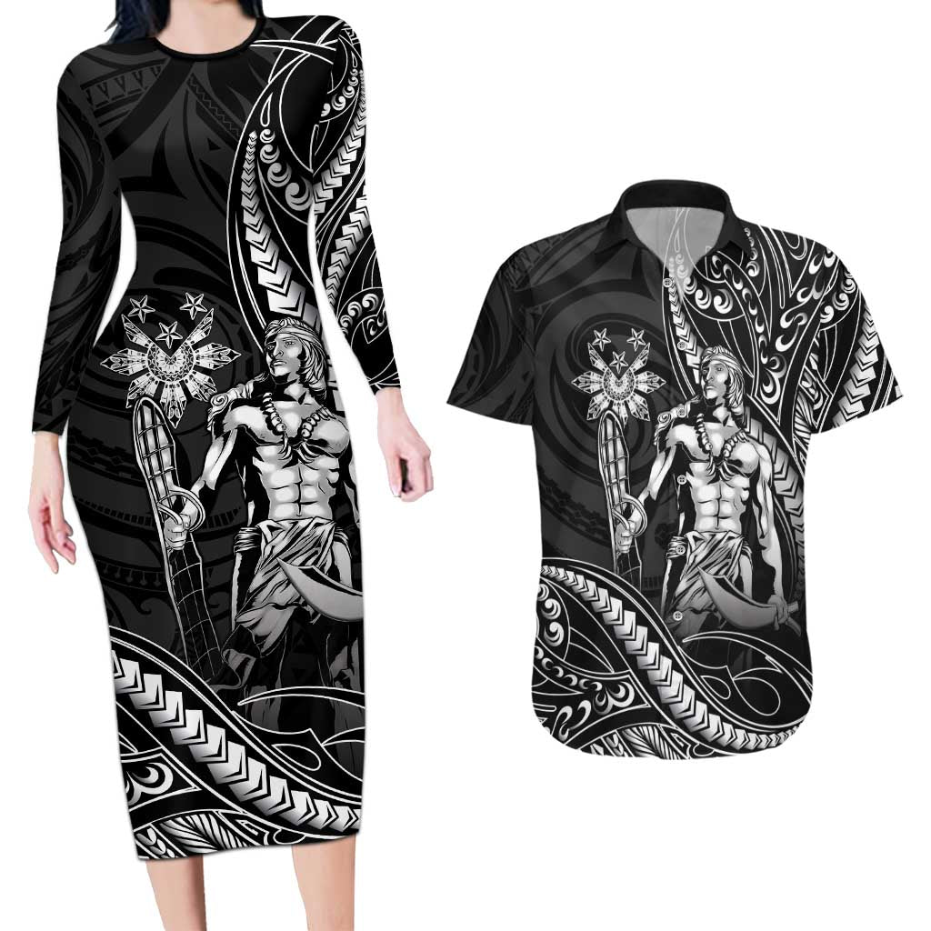Filipinos Lapu Lapu Hero Couples Matching Long Sleeve Bodycon Dress and Hawaiian Shirt Black Polynesian Tribal Tattoo LT05 Black - Polynesian Pride