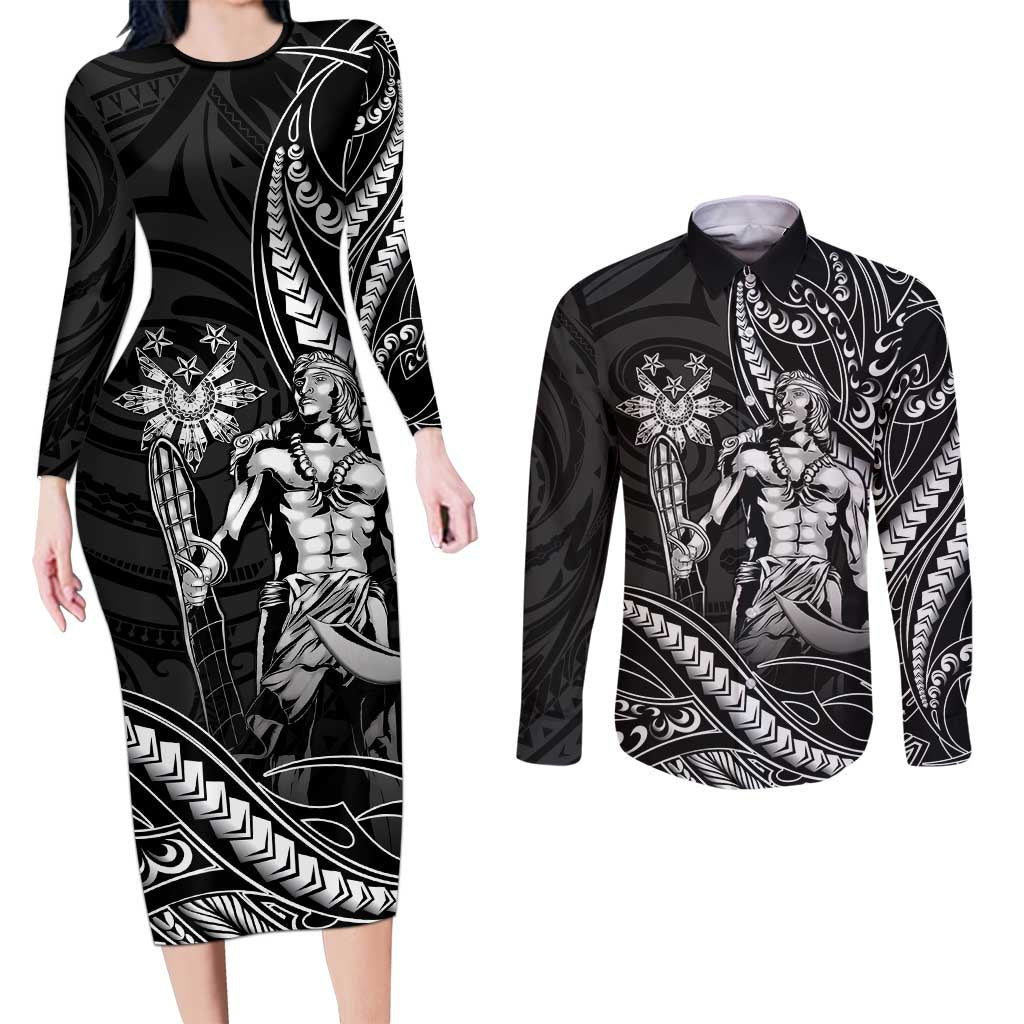 Filipinos Lapu Lapu Hero Couples Matching Long Sleeve Bodycon Dress and Long Sleeve Button Shirt Black Polynesian Tribal Tattoo LT05 Black - Polynesian Pride