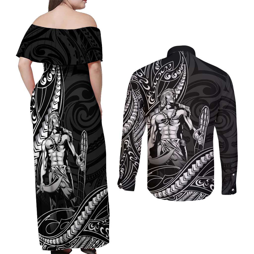 Filipinos Lapu Lapu Hero Couples Matching Off Shoulder Maxi Dress and Long Sleeve Button Shirt Black Polynesian Tribal Tattoo