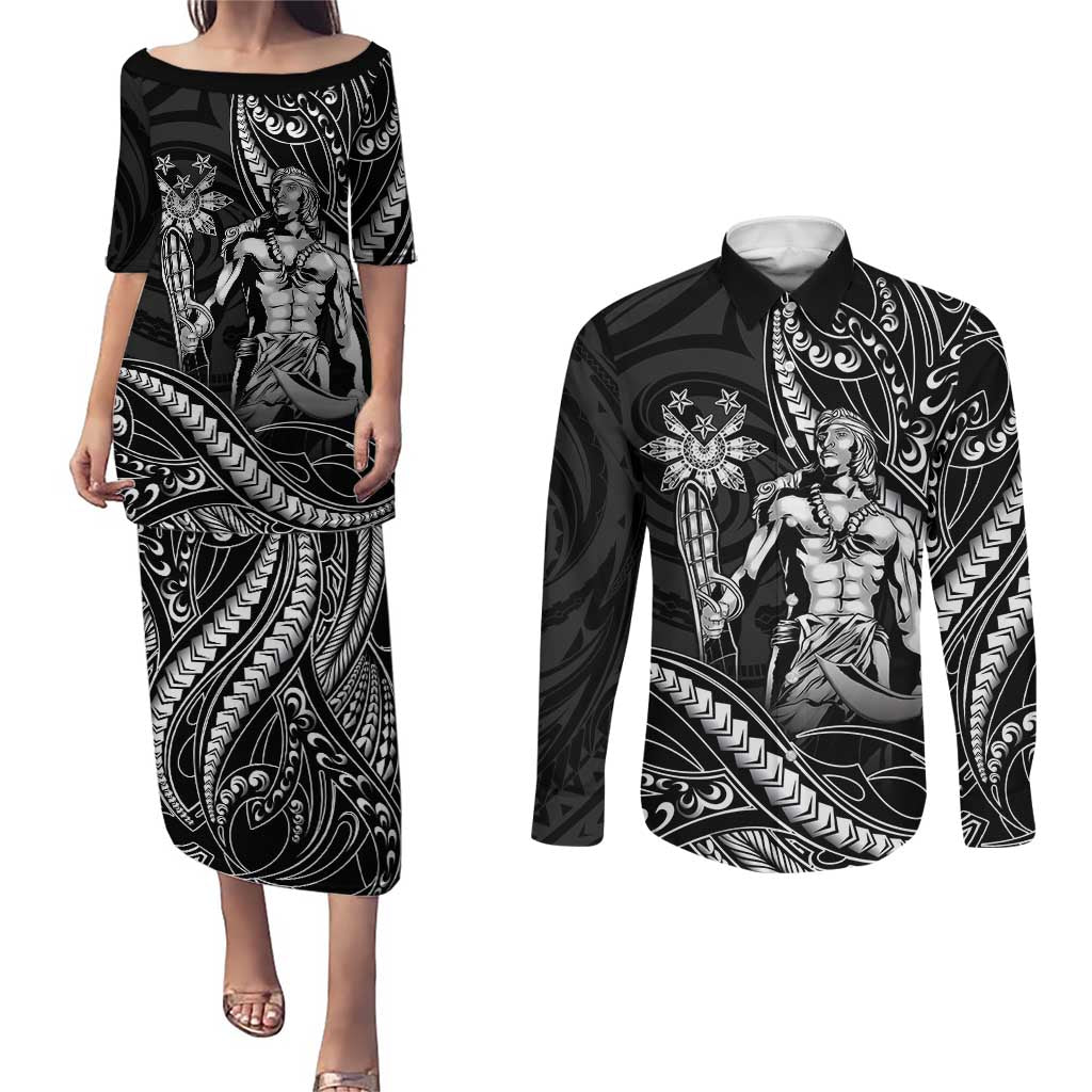 Filipinos Lapu Lapu Hero Couples Matching Puletasi and Long Sleeve Button Shirt Black Polynesian Tribal Tattoo