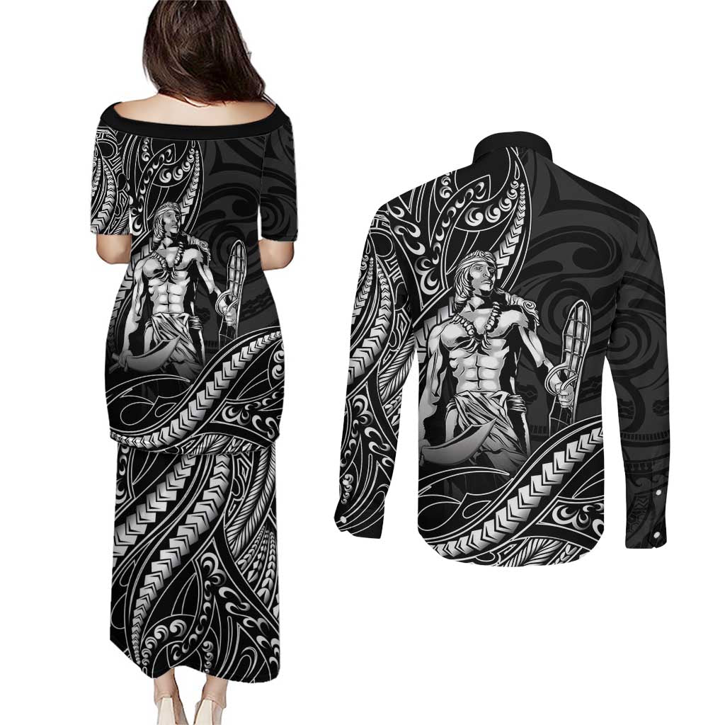 Filipinos Lapu Lapu Hero Couples Matching Puletasi and Long Sleeve Button Shirt Black Polynesian Tribal Tattoo
