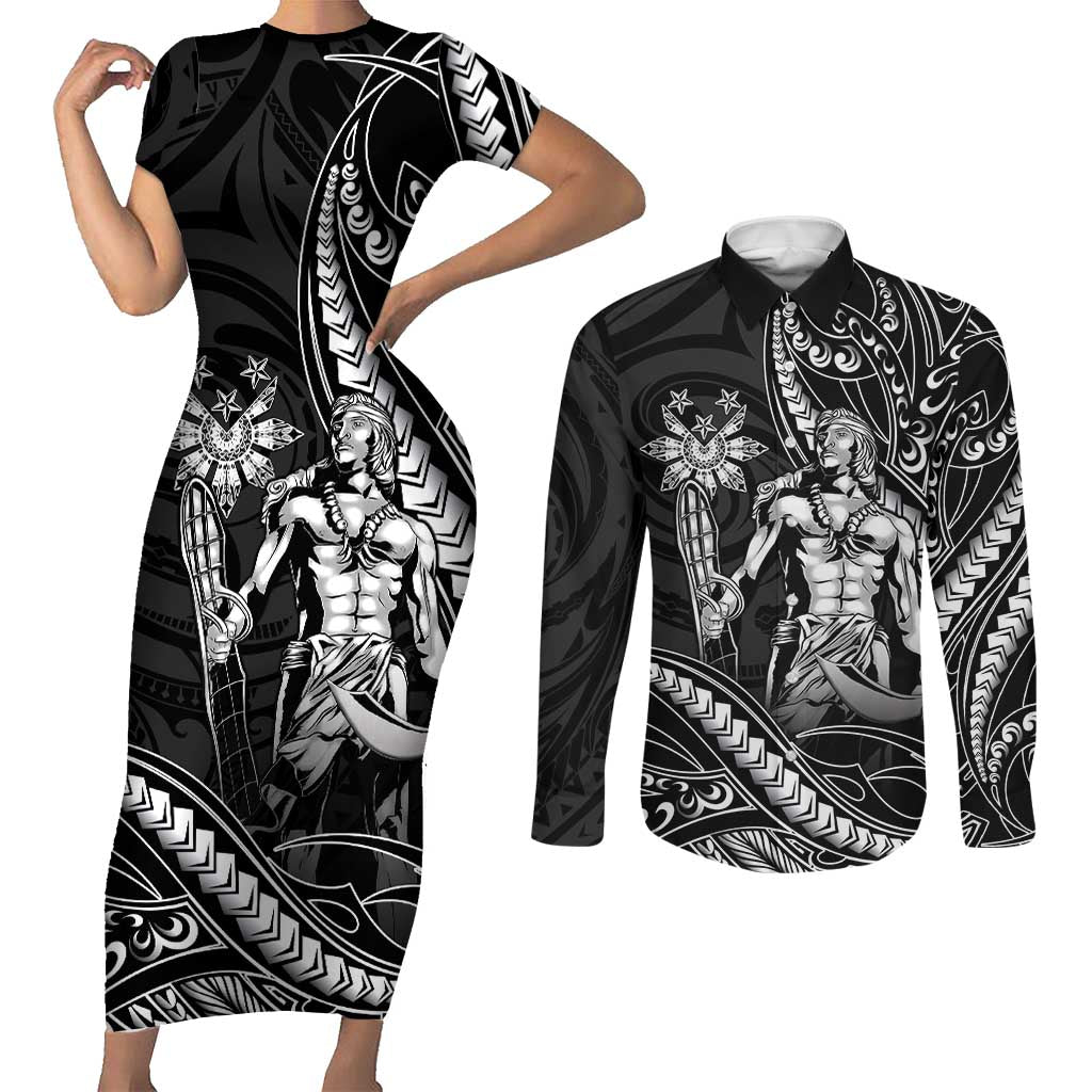 Filipinos Lapu Lapu Hero Couples Matching Short Sleeve Bodycon Dress and Long Sleeve Button Shirt Black Polynesian Tribal Tattoo LT05 Black - Polynesian Pride