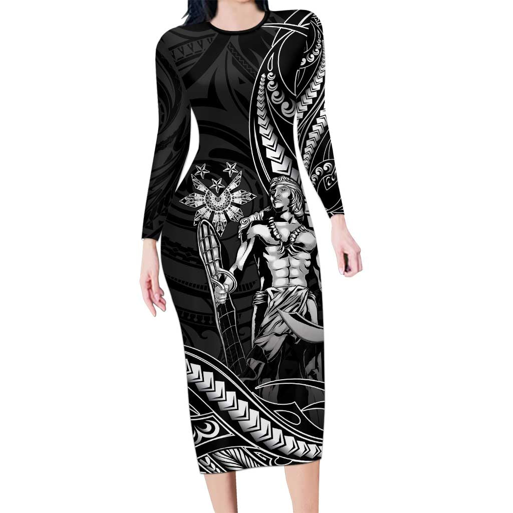 Filipinos Lapu Lapu Hero Family Matching Long Sleeve Bodycon Dress and Hawaiian Shirt Black Polynesian Tribal Tattoo LT05 Mom's Dress Black - Polynesian Pride