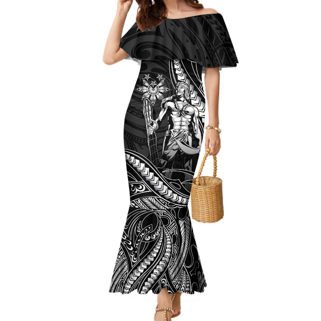 Filipinos Lapu Lapu Hero Family Matching Mermaid Dress and Hawaiian Shirt Black Polynesian Tribal Tattoo LT05 Mom's Dress Black - Polynesian Pride