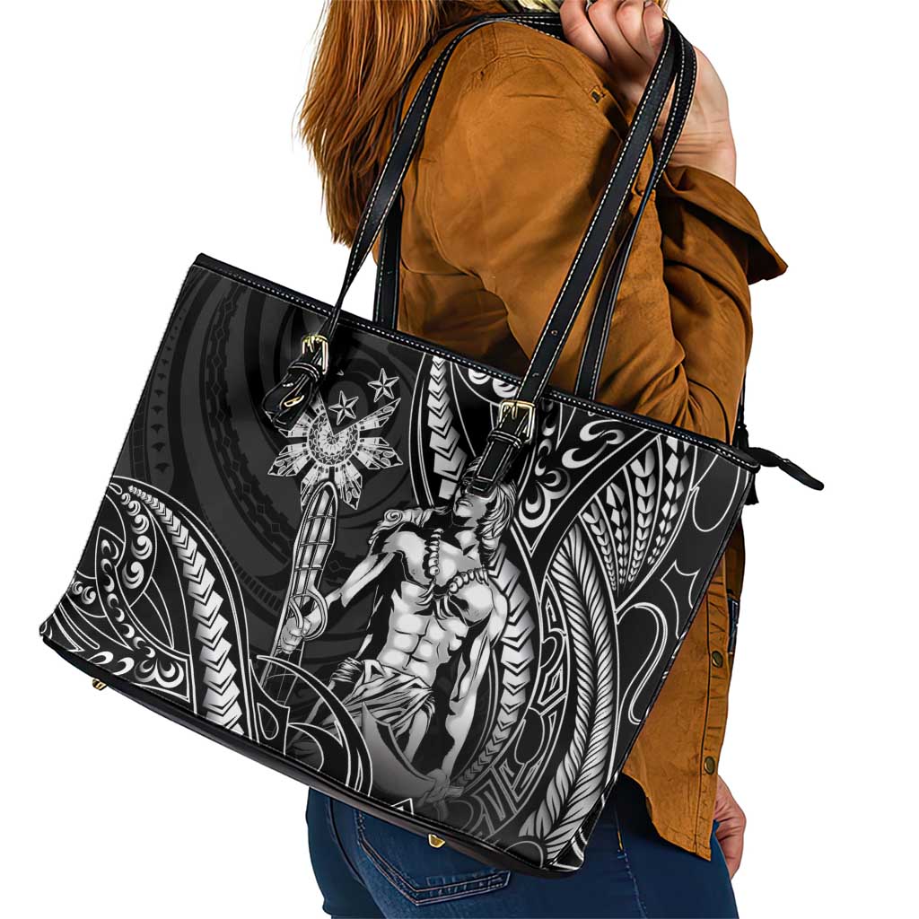 Filipinos Lapu Lapu Hero Leather Tote Bag Black Polynesian Tribal Tattoo