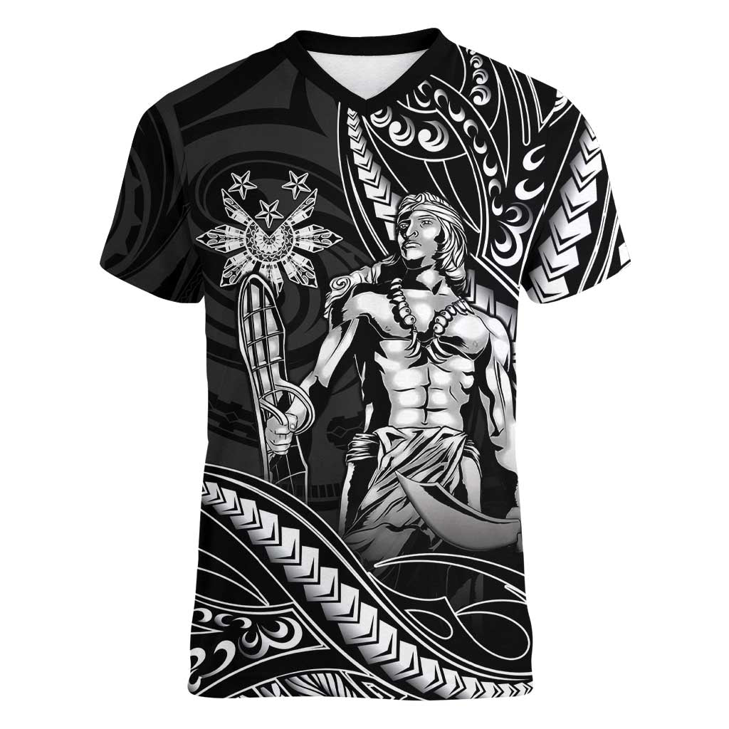 Filipinos Lapu Lapu Hero Women V-Neck T-Shirt Black Polynesian Tribal Tattoo LT05 Female Black - Polynesian Pride