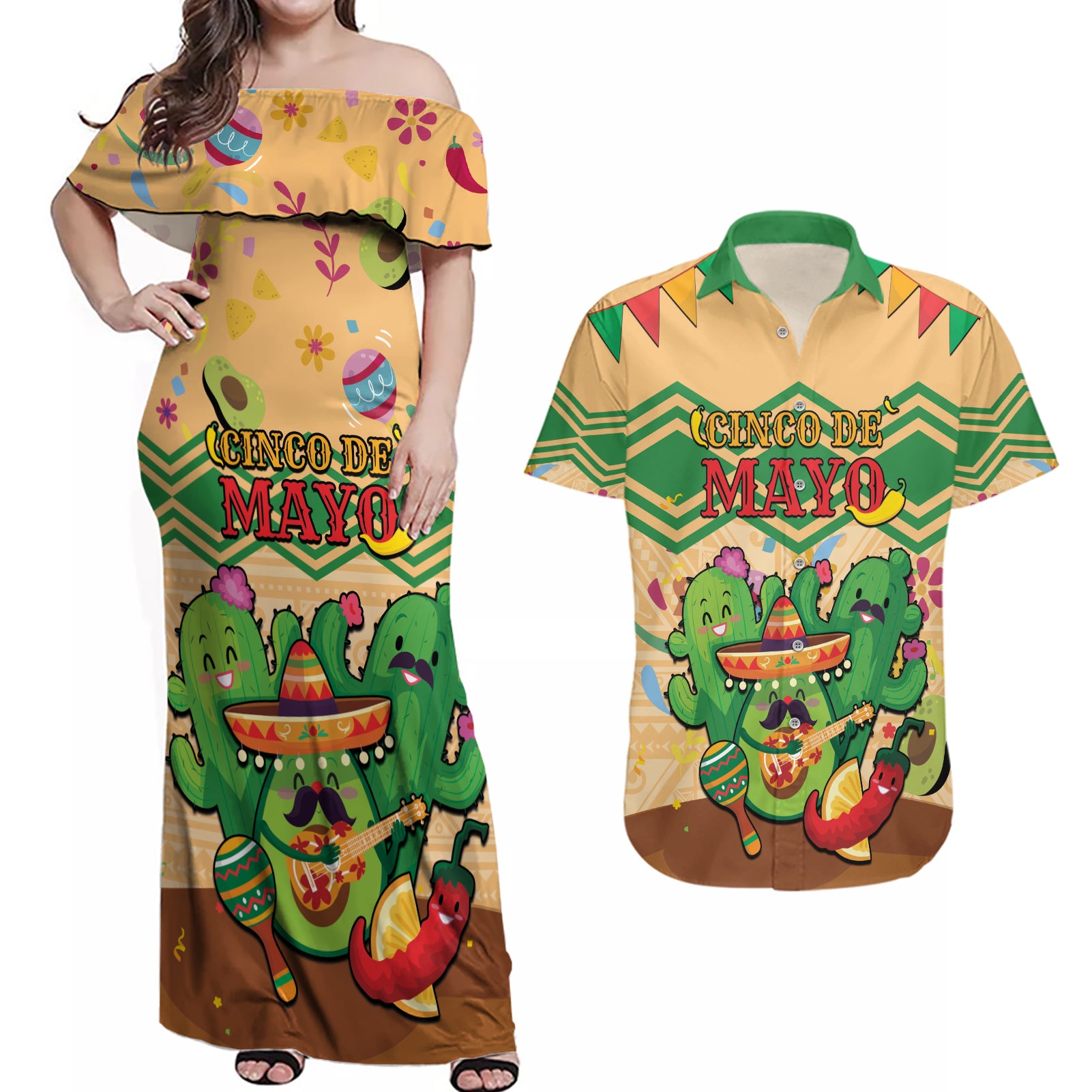 Personalised Hawaii Cinco De Mayo Couples Matching Off Shoulder Maxi Dress and Hawaiian Shirt Funny Style