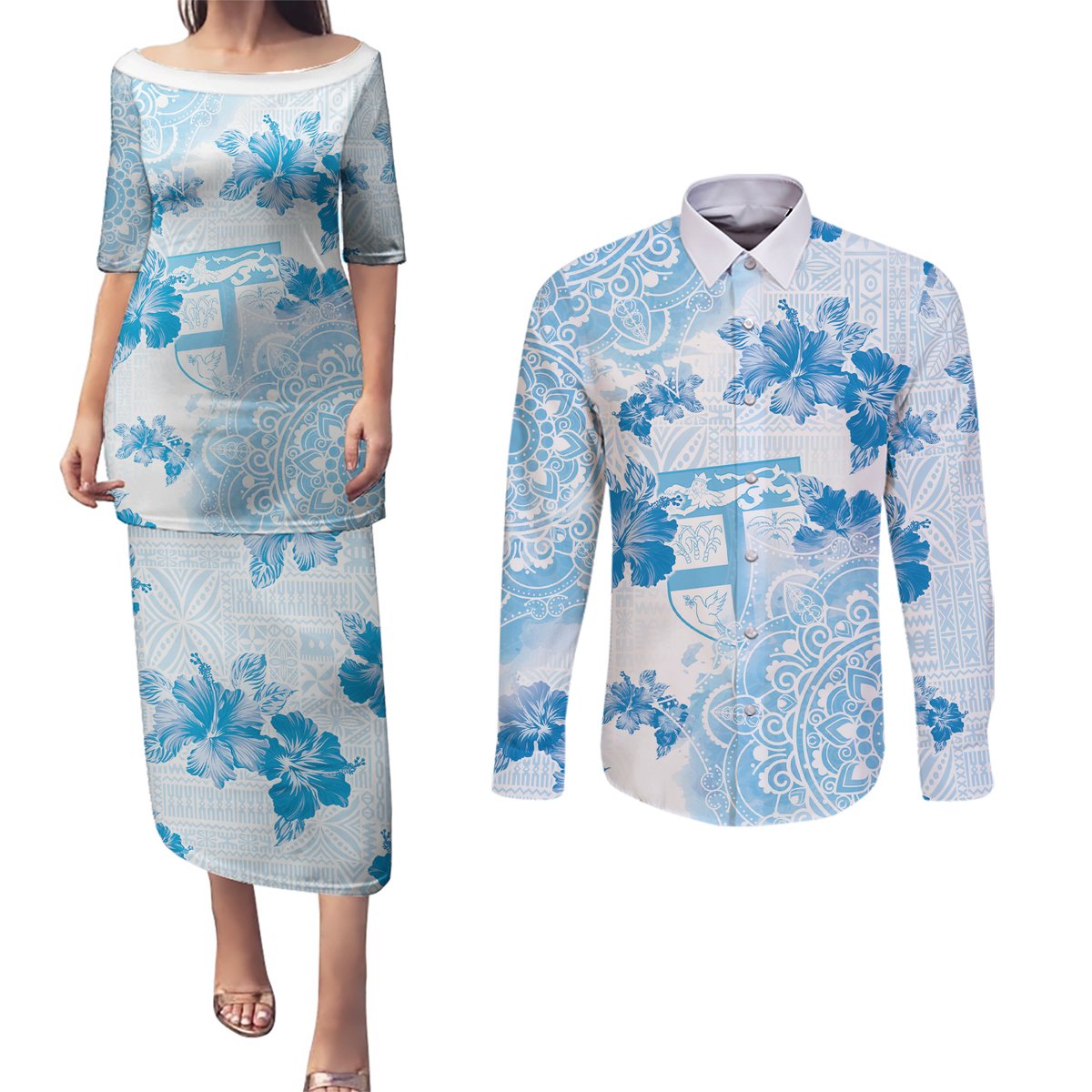 Happy Fiji Girmit Day Couples Matching Puletasi and Long Sleeve Button Shirt Fijian Tapa With Mandala Pattern