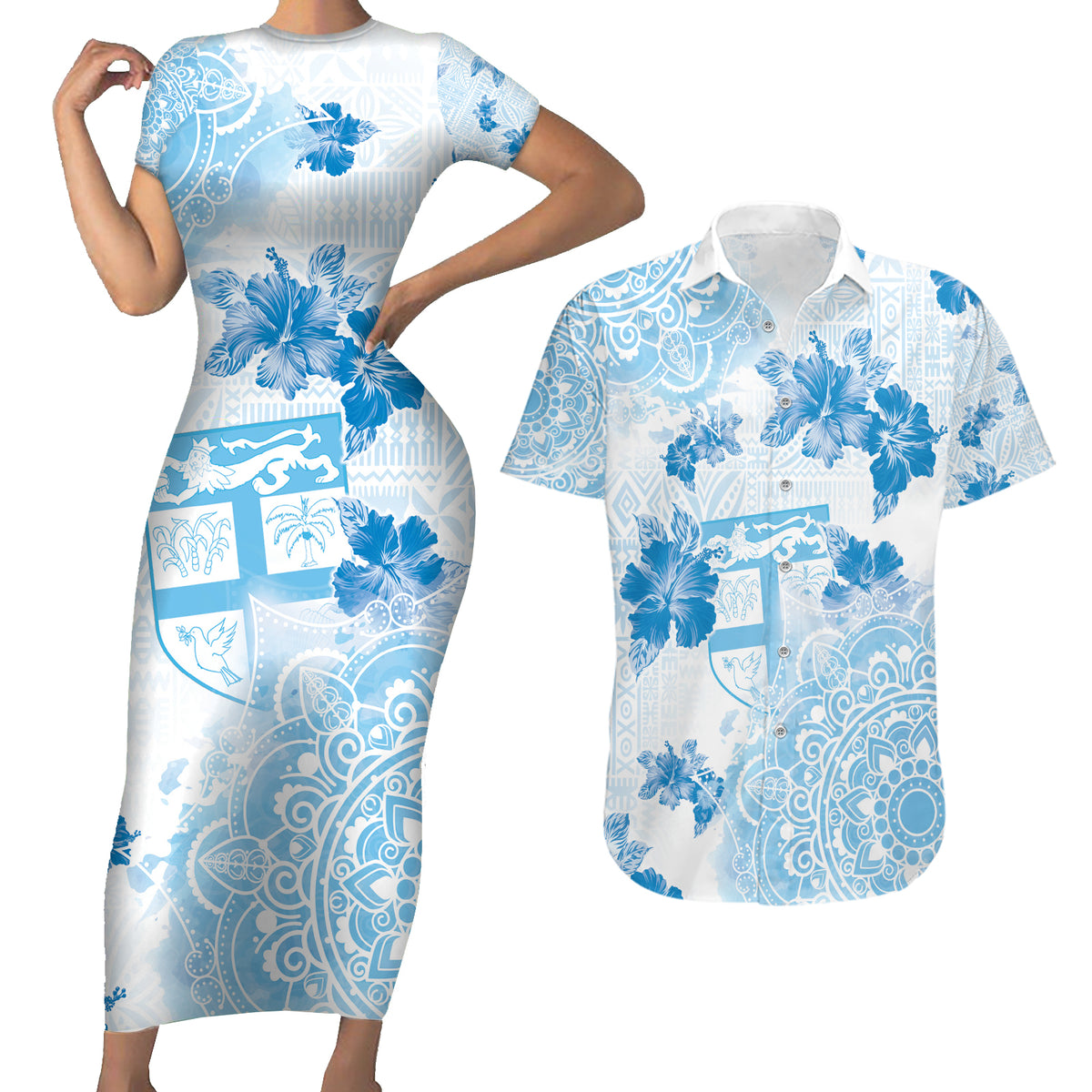 Happy Fiji Girmit Day Couples Matching Short Sleeve Bodycon Dress and Hawaiian Shirt Fijian Tapa With Mandala Pattern LT05 Blue - Polynesian Pride