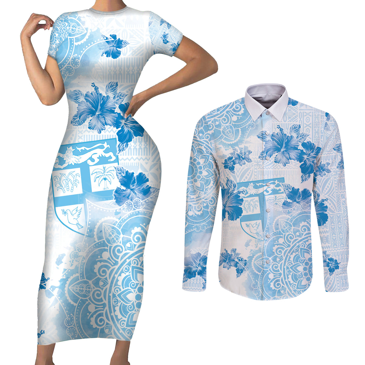 Happy Fiji Girmit Day Couples Matching Short Sleeve Bodycon Dress and Long Sleeve Button Shirt Fijian Tapa With Mandala Pattern LT05 Blue - Polynesian Pride
