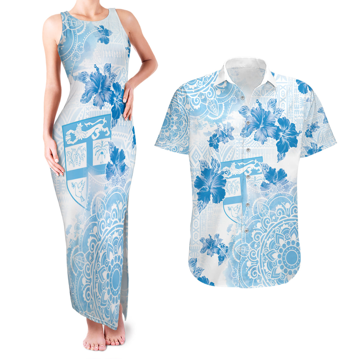 Happy Fiji Girmit Day Couples Matching Tank Maxi Dress and Hawaiian Shirt Fijian Tapa With Mandala Pattern LT05 Blue - Polynesian Pride