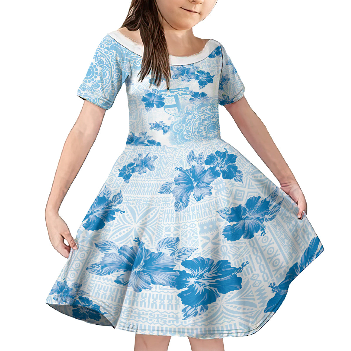Happy Fiji Girmit Day Family Matching Long Sleeve Bodycon Dress and Hawaiian Shirt Fijian Tapa With Mandala Pattern LT05 Daughter's Dress Blue - Polynesian Pride