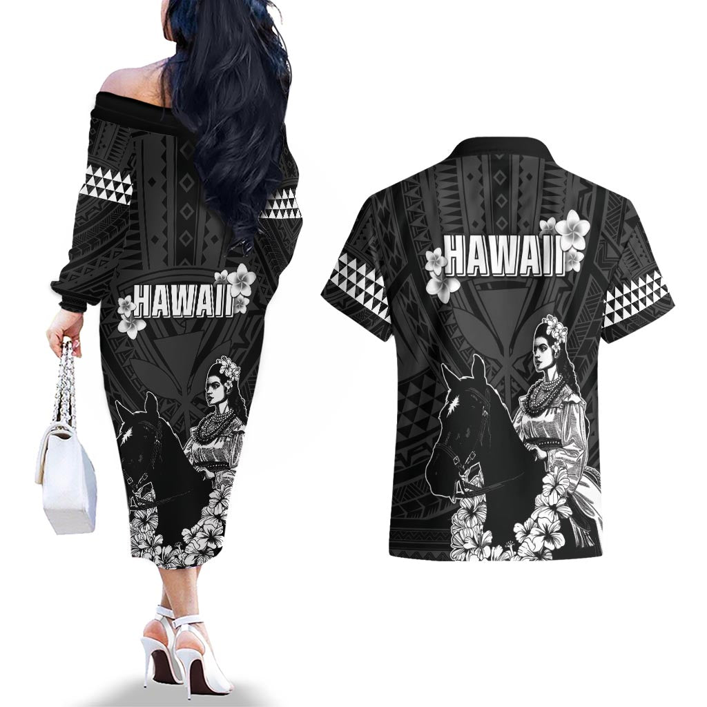 Hawaii King Kamehameha Day Parade Couples Matching Off The Shoulder Long Sleeve Dress and Hawaiian Shirt With Pa'u Riders Plumeria Kakau Tribal Pattern
