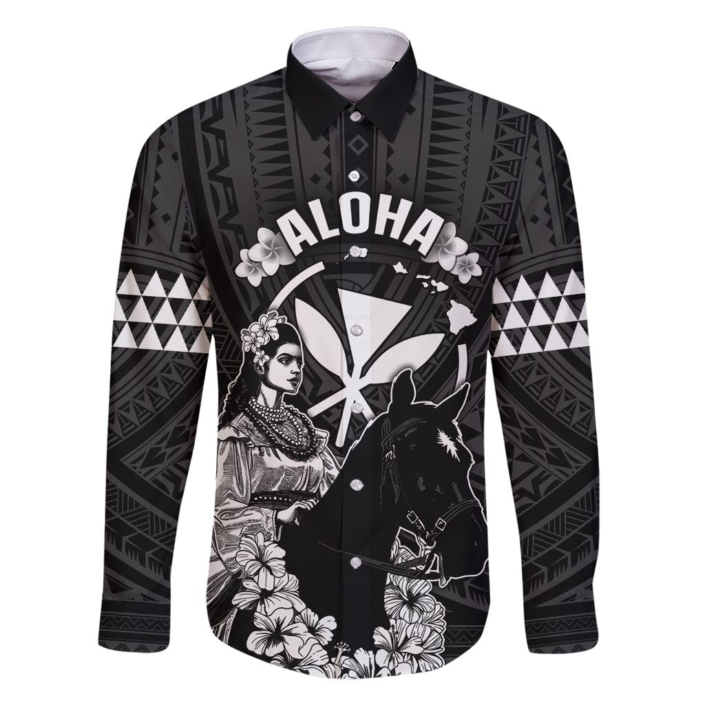 Hawaii King Kamehameha Day Parade Family Matching Mermaid Dress and Hawaiian Shirt With Pa'u Riders Plumeria Kakau Tribal Pattern LT05 Dad's Shirt - Long Sleeve Black - Polynesian Pride
