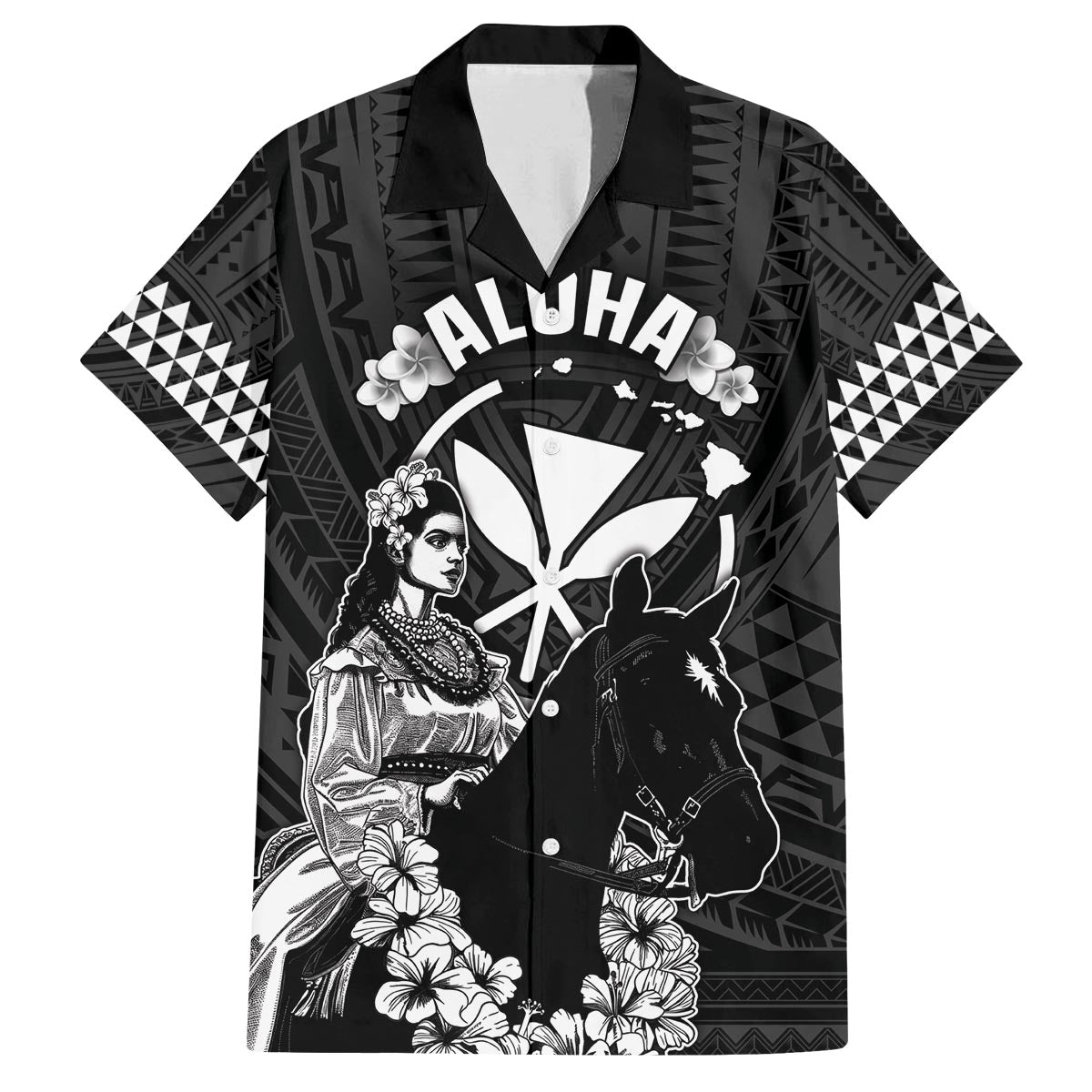 Hawaii King Kamehameha Day Parade Family Matching Off The Shoulder Long Sleeve Dress and Hawaiian Shirt With Pa'u Riders Plumeria Kakau Tribal Pattern LT05 Dad's Shirt - Short Sleeve Black - Polynesian Pride