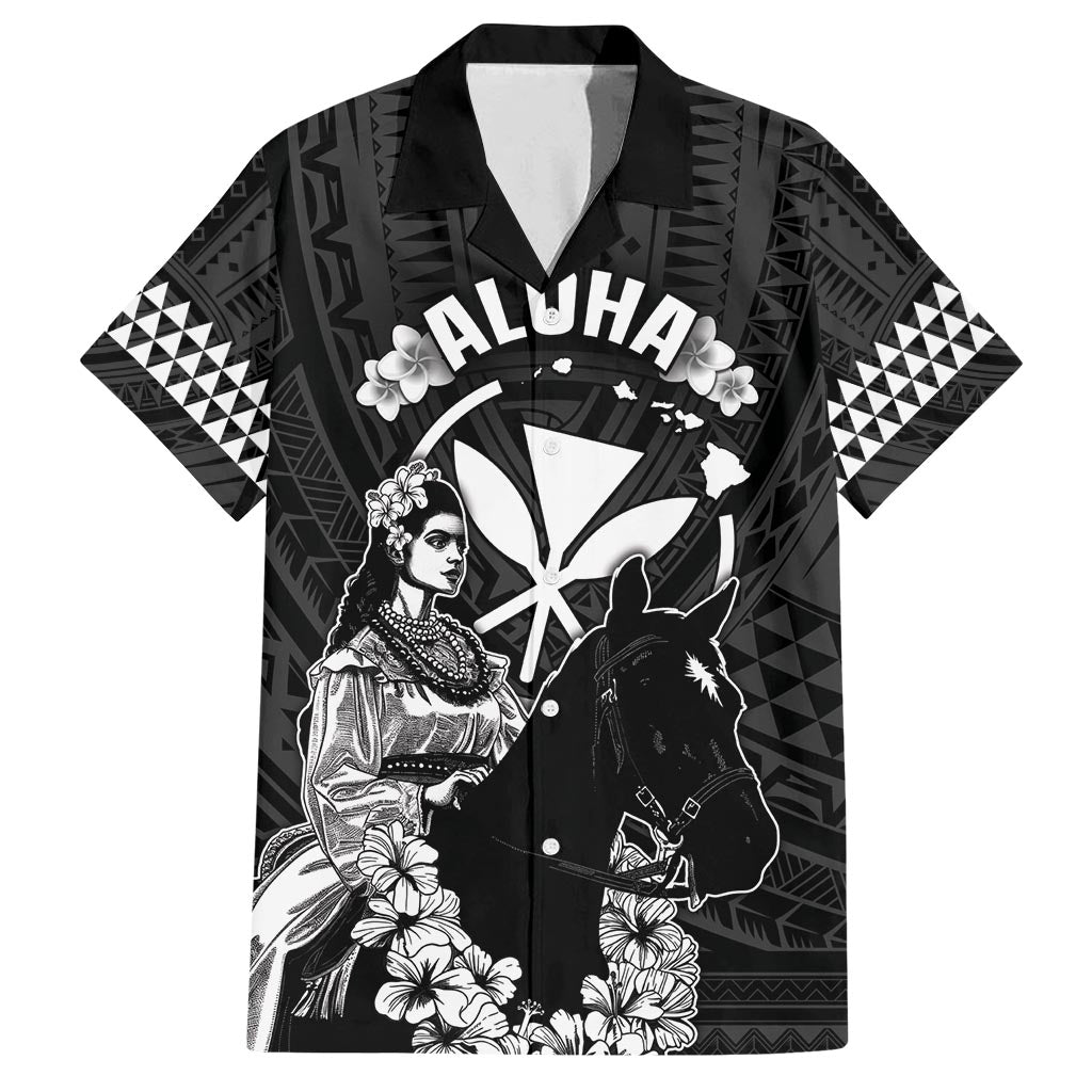 Hawaii King Kamehameha Day Parade Family Matching Off Shoulder Short Dress and Hawaiian Shirt With Pa'u Riders Plumeria Kakau Tribal Pattern LT05 Dad's Shirt - Short Sleeve Black - Polynesian Pride