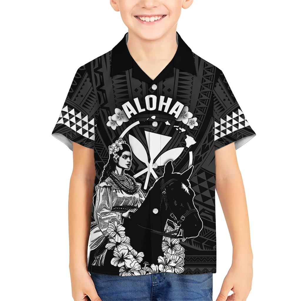 Hawaii King Kamehameha Day Parade Family Matching Short Sleeve Bodycon Dress and Hawaiian Shirt With Pa'u Riders Plumeria Kakau Tribal Pattern LT05 Son's Shirt Black - Polynesian Pride