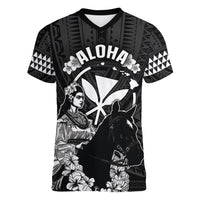 Hawaii King Kamehameha Day Parade Women V-Neck T-Shirt With Pa'u Riders Plumeria Kakau Tribal Pattern LT05 Female Black - Polynesian Pride