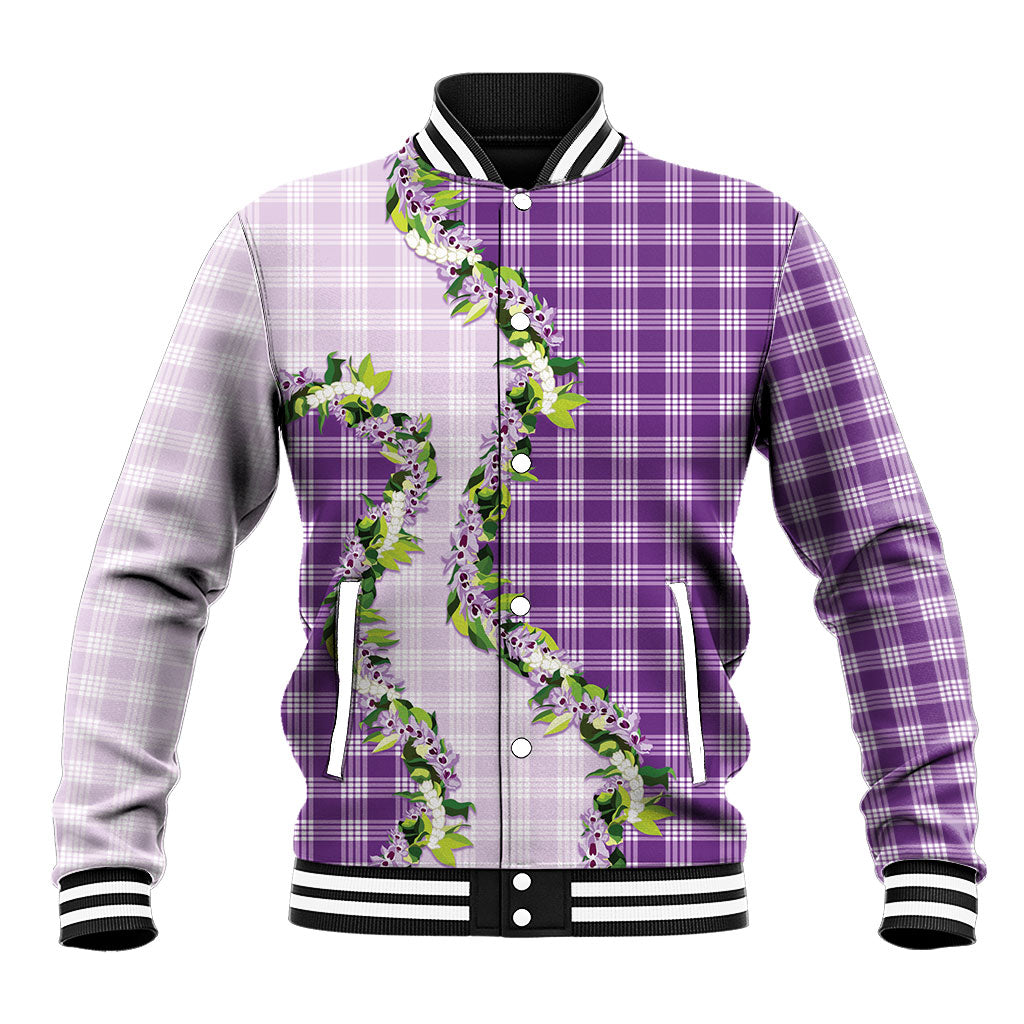 Violet Hawaii Palaka Baseball Jacket Maile Pikake Honohono Orchid Lei