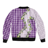 Violet Hawaii Palaka Bomber Jacket Maile Pikake Honohono Orchid Lei