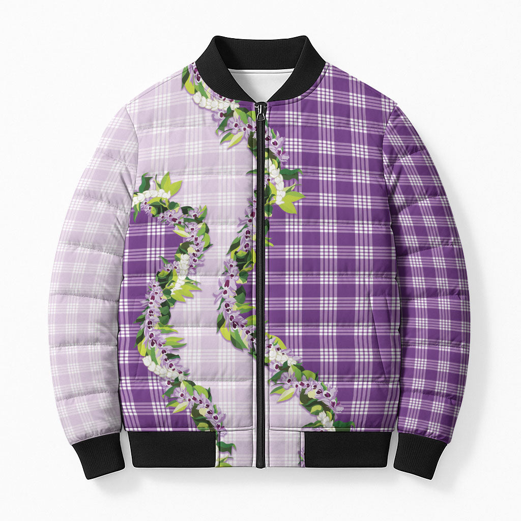 Violet Hawaii Palaka Bomber Puffer Jacket Maile Pikake Honohono Orchid Lei