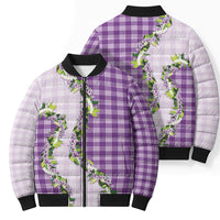 Violet Hawaii Palaka Bomber Puffer Jacket Maile Pikake Honohono Orchid Lei