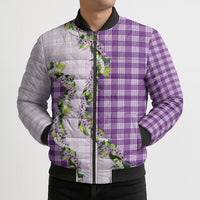 Violet Hawaii Palaka Bomber Puffer Jacket Maile Pikake Honohono Orchid Lei