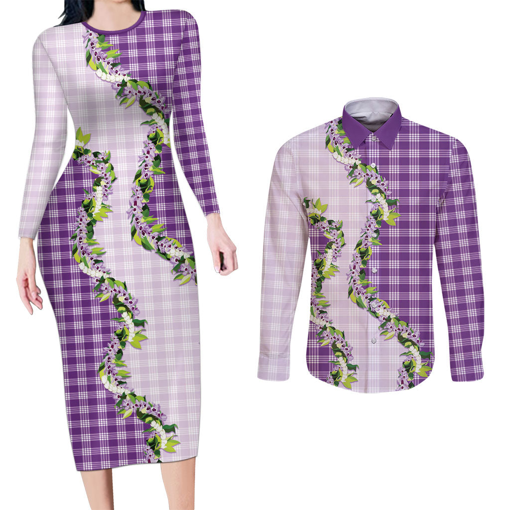 Violet Hawaii Palaka Couples Matching Long Sleeve Bodycon Dress and Long Sleeve Button Shirt Maile Pikake Honohono Orchid Lei LT05 Violet - Polynesian Pride