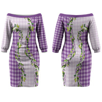 Violet Hawaii Palaka Couples Matching Off The Shoulder Long Sleeve Dress and Hawaiian Shirt Maile Pikake Honohono Orchid Lei LT05 - Polynesian Pride