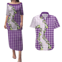 Violet Hawaii Palaka Couples Matching Puletasi and Hawaiian Shirt Maile Pikake Honohono Orchid Lei