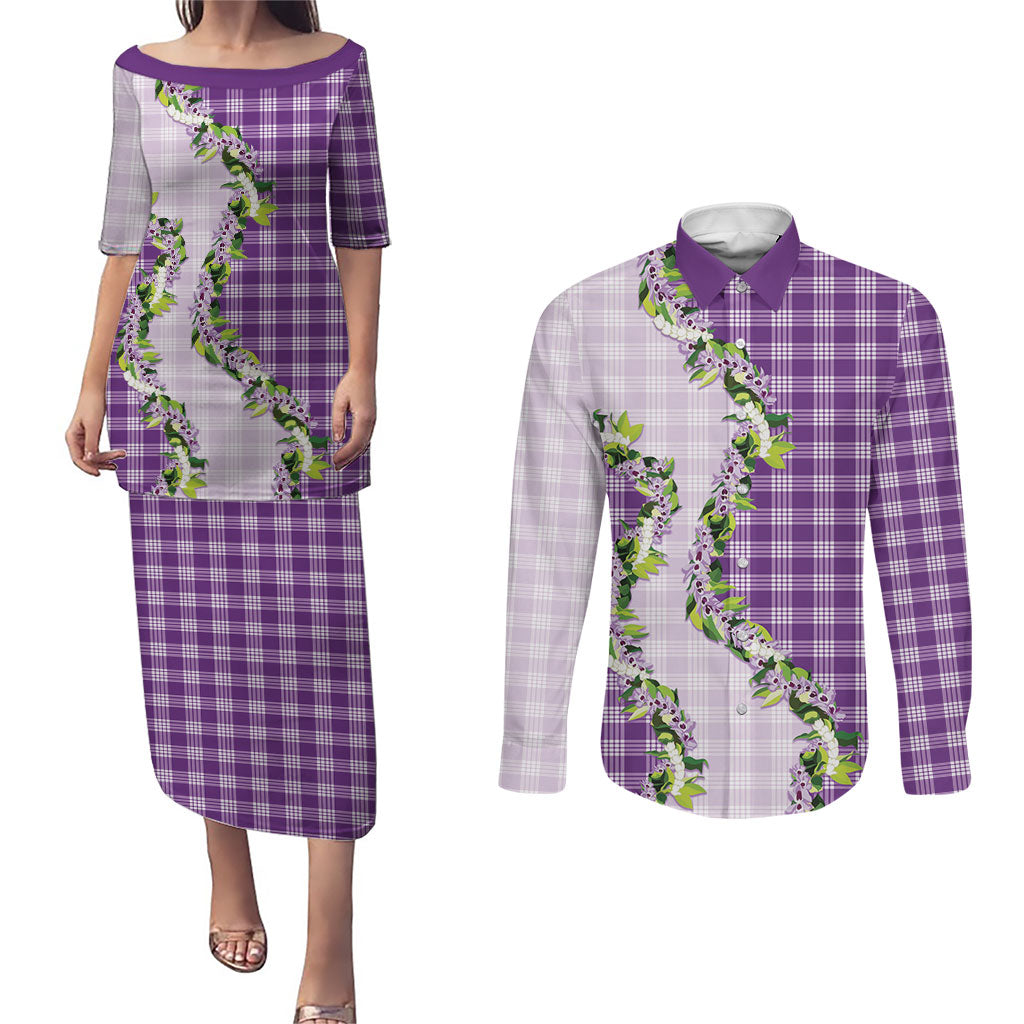 Violet Hawaii Palaka Couples Matching Puletasi and Long Sleeve Button Shirt Maile Pikake Honohono Orchid Lei