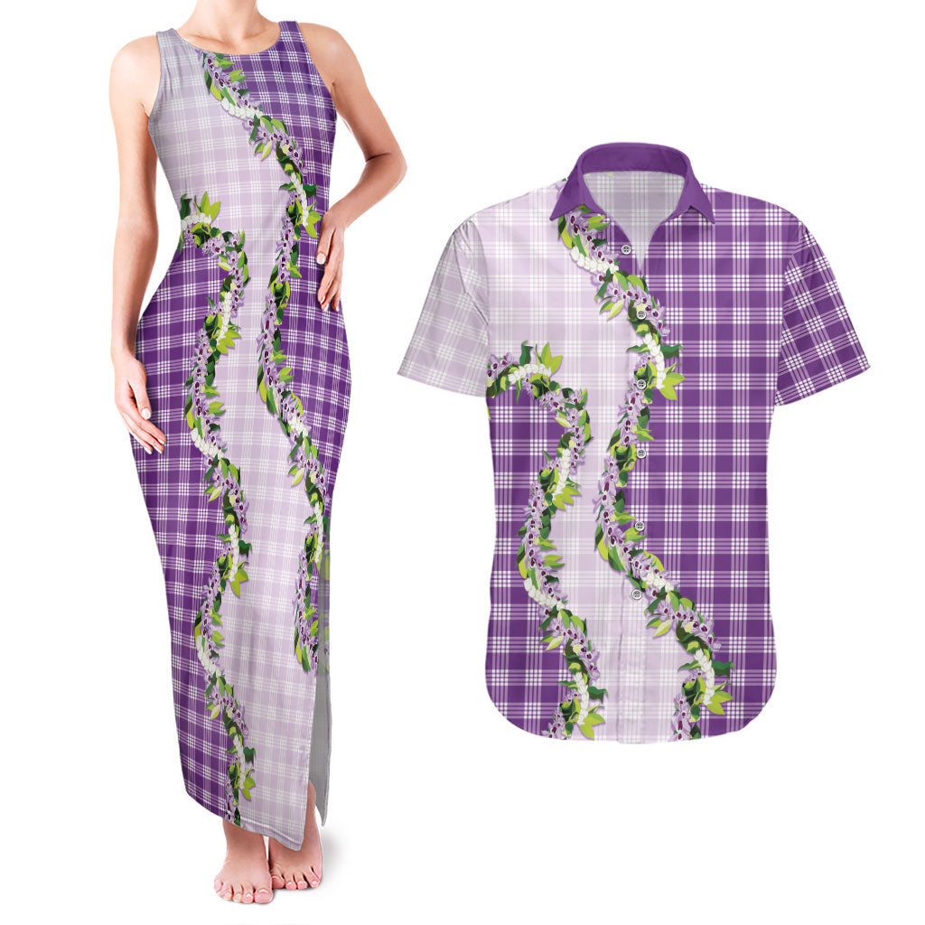 Violet Hawaii Palaka Couples Matching Tank Maxi Dress and Hawaiian Shirt Maile Pikake Honohono Orchid Lei LT05 Violet - Polynesian Pride