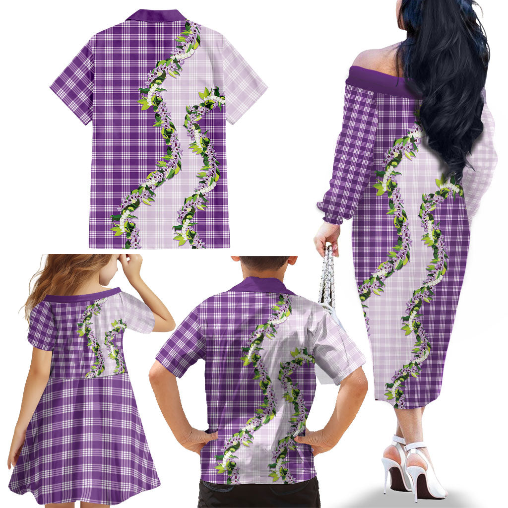 Violet Hawaii Palaka Family Matching Off The Shoulder Long Sleeve Dress and Hawaiian Shirt Maile Pikake Honohono Orchid Lei LT05 - Polynesian Pride