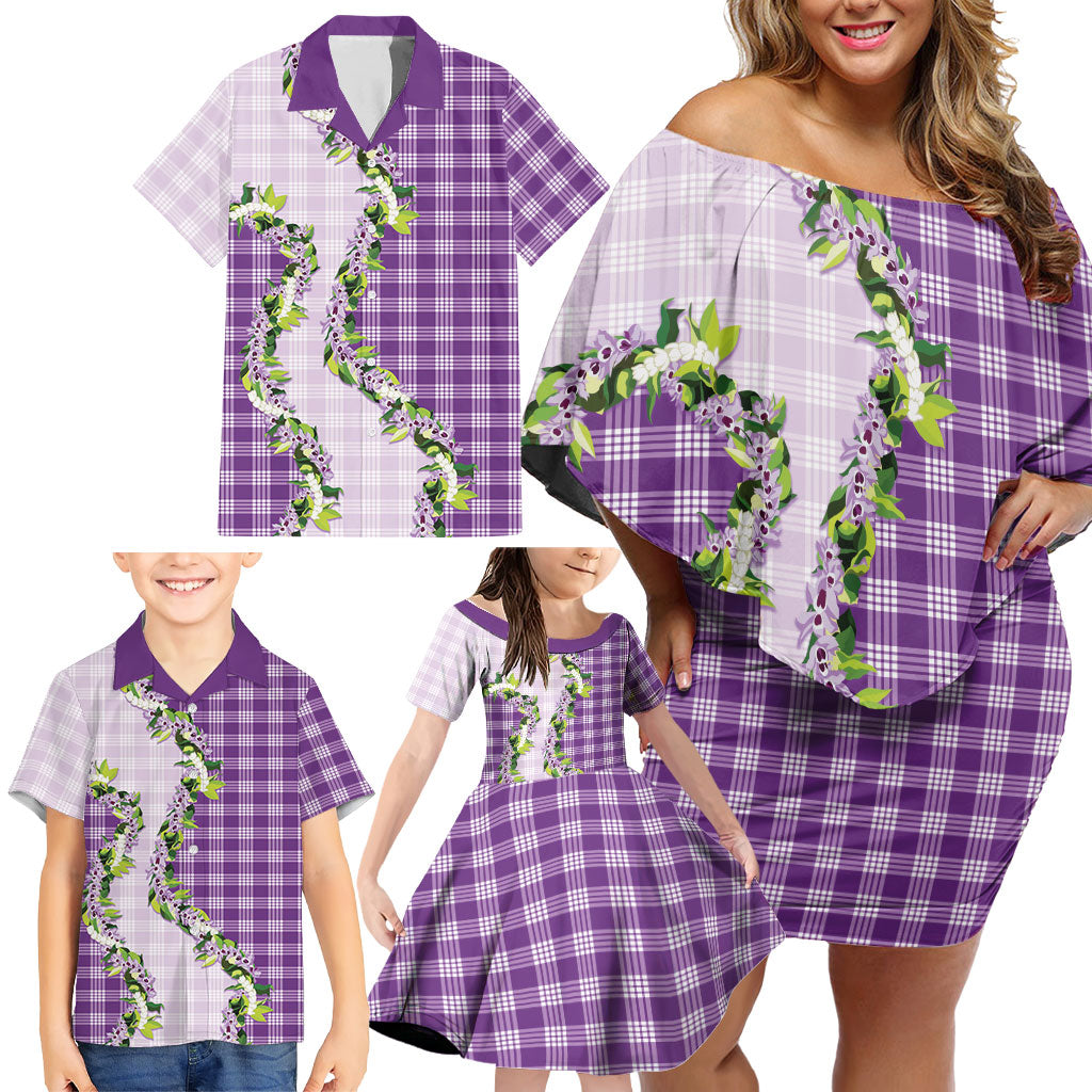 Violet Hawaii Palaka Family Matching Off Shoulder Short Dress and Hawaiian Shirt Maile Pikake Honohono Orchid Lei LT05 - Polynesian Pride