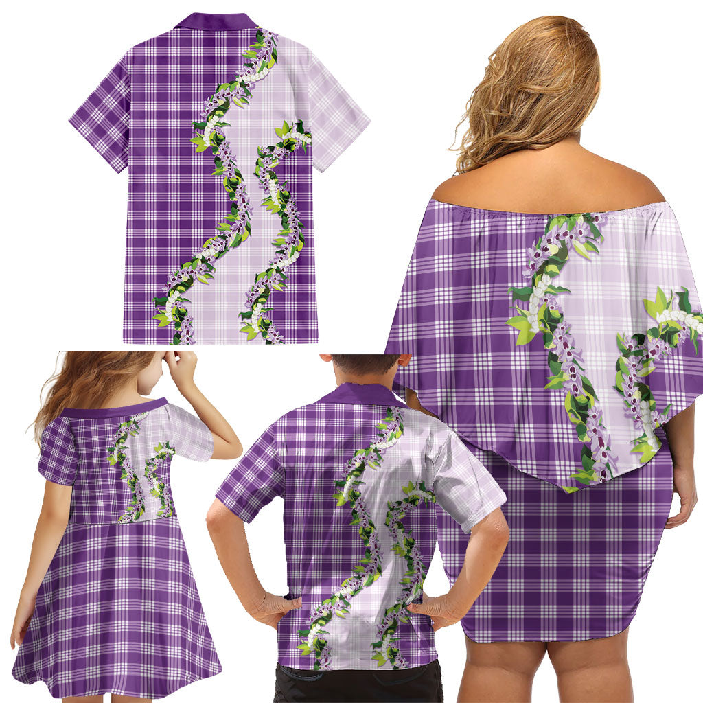 Violet Hawaii Palaka Family Matching Off Shoulder Short Dress and Hawaiian Shirt Maile Pikake Honohono Orchid Lei LT05 - Polynesian Pride